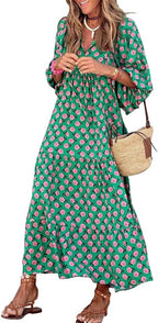 Seraphina | Maxi Boho Dress | Women's V-Neck, Geometric Print | Flowy, Green