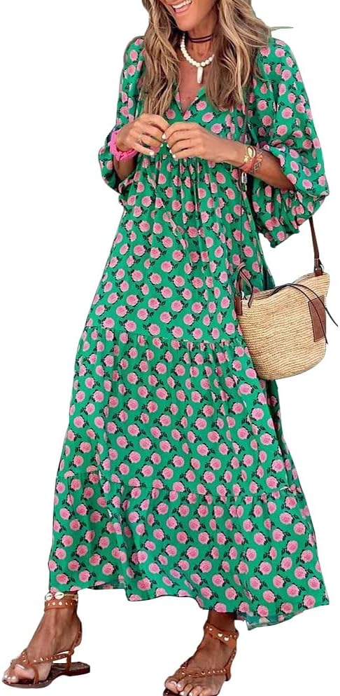 Seraphina | Maxi Boho Dress | Women's V-Neck, Geometric Print | Flowy, Green