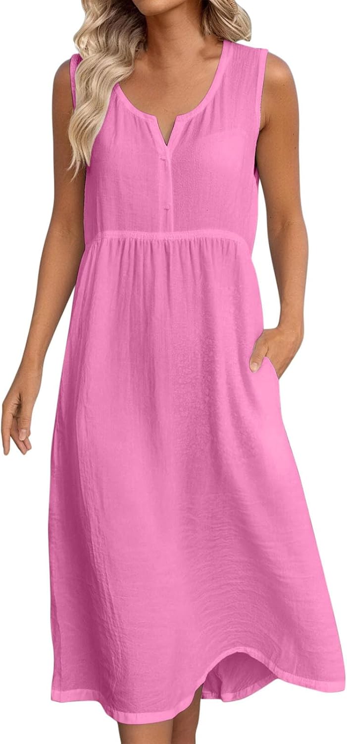 Women Linen Midi Dress V Neck Sleeveless Side Pockets