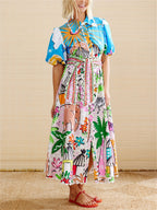 Galia | Midi Dress | Tropical Print, Lapel Neckline, Summer