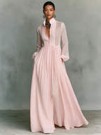 Maxi Dress Women Linen Patchwork Stand Up Collar Long Sleeve | Vera