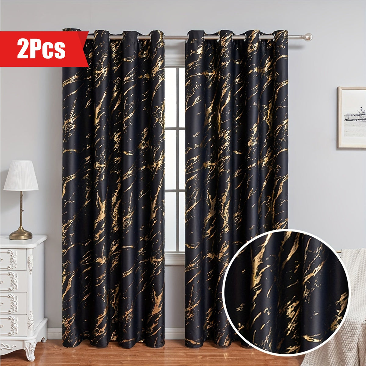 2 Piece Blackout Curtains Marble Print Ring Top
