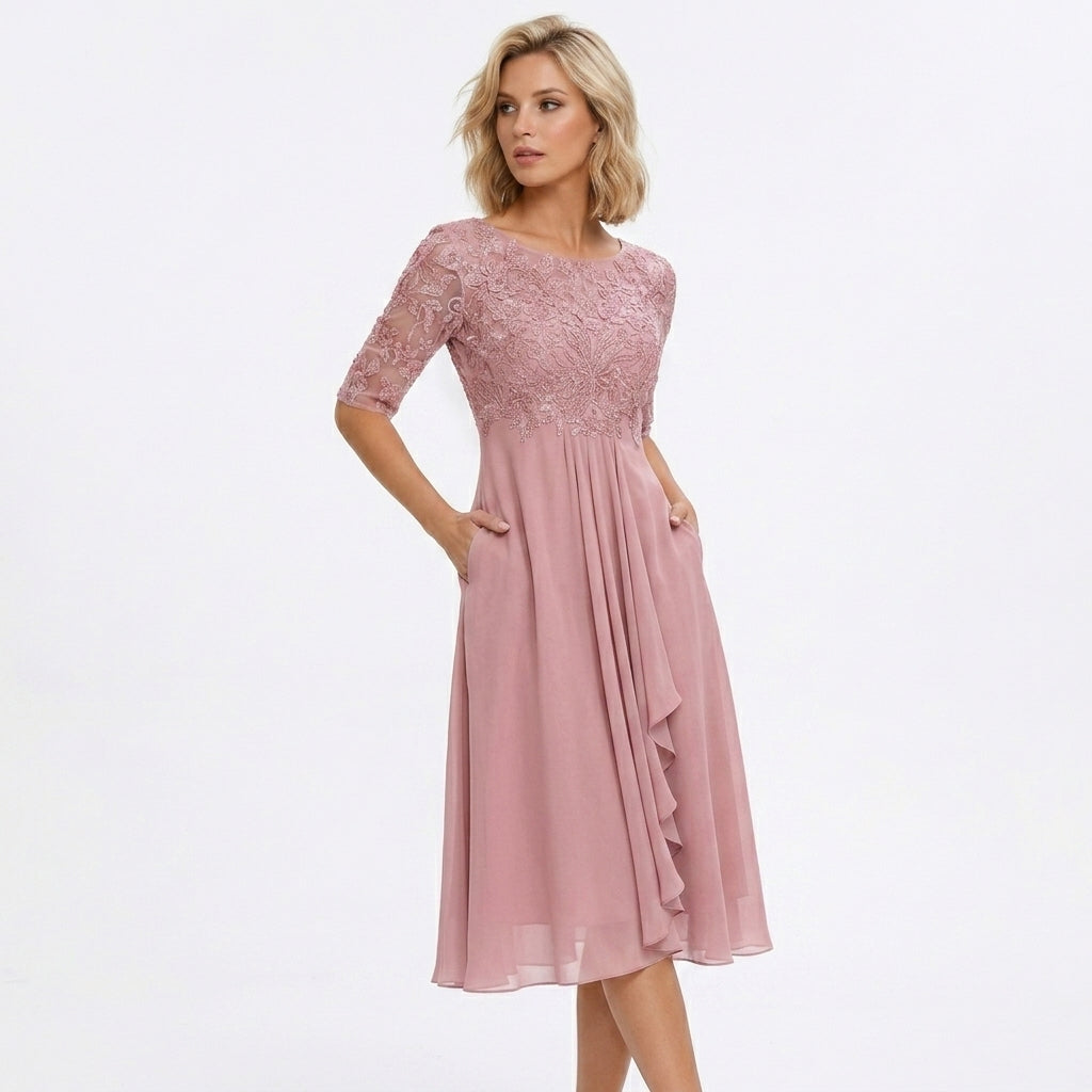 Midi Dress Women Lace Top Tulle Skirt Formal Three Quarter Sleeve