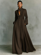 Maxi Dress Women Linen Patchwork Stand Up Collar Long Sleeve | Vera