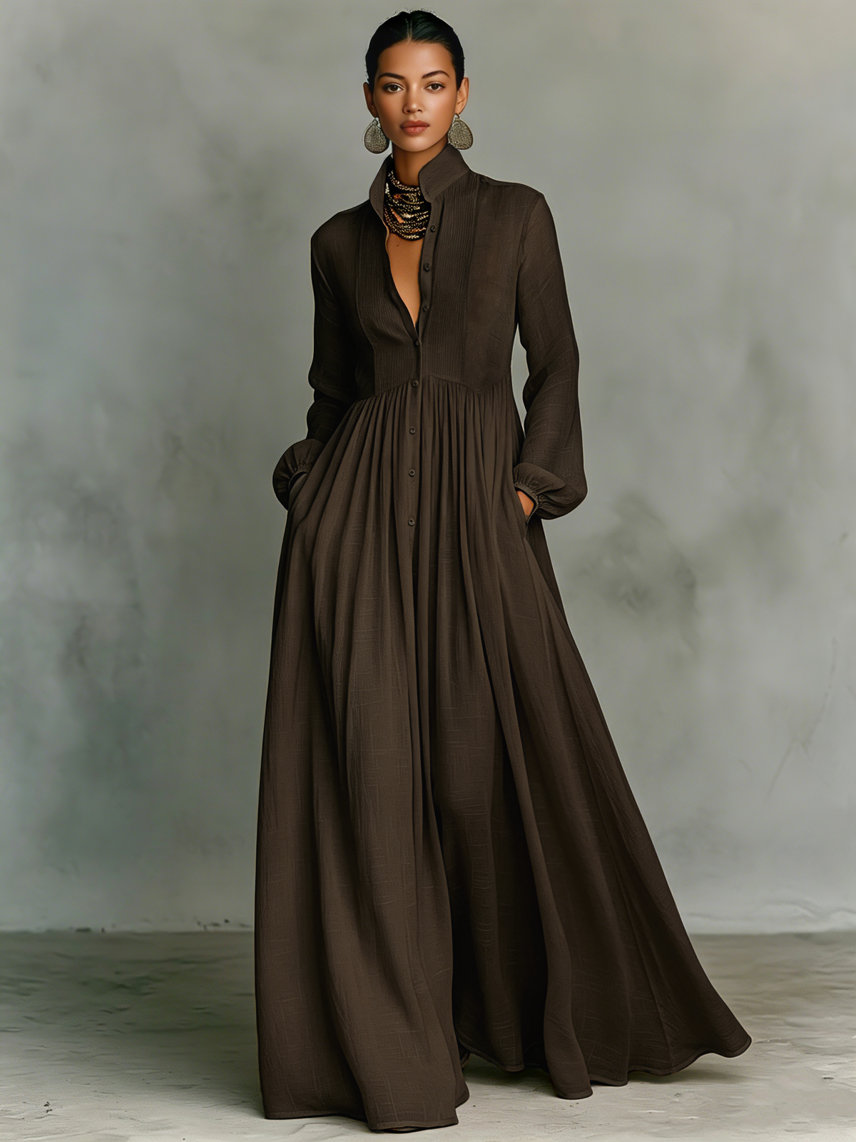 Maxi Dress Women Linen Patchwork Stand Up Collar Long Sleeve | Vera
