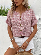 Women Blouse Short Sleeve Button Front Printed Loose Fit | Una