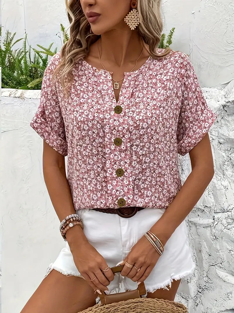 Women Blouse Short Sleeve Button Front Printed Loose Fit | Una