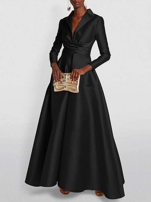 Lena | Maxi Dress | A-Line, High Waist, V-Neck, Long Sleeve | Pleated