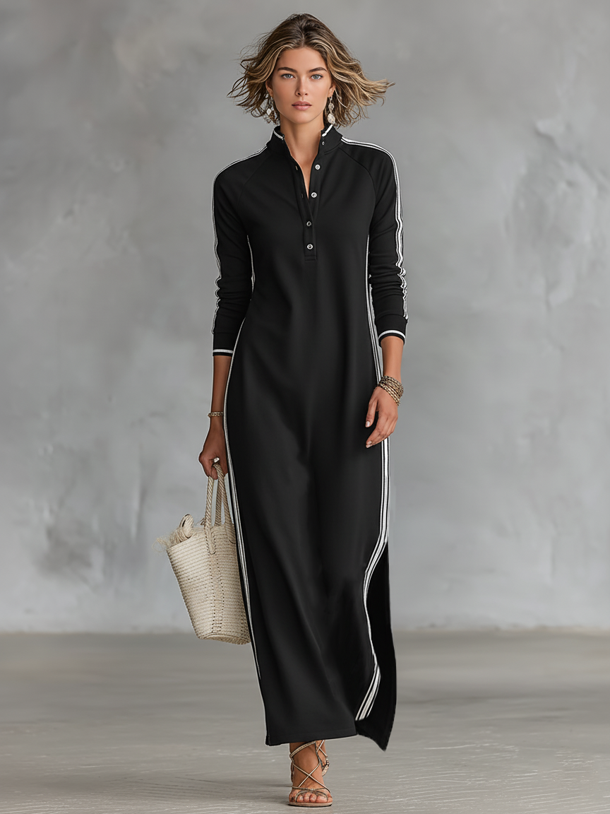Freya | Maxi Sweatshirt Dress | Button-Down Collar, White Trim | Minimalist