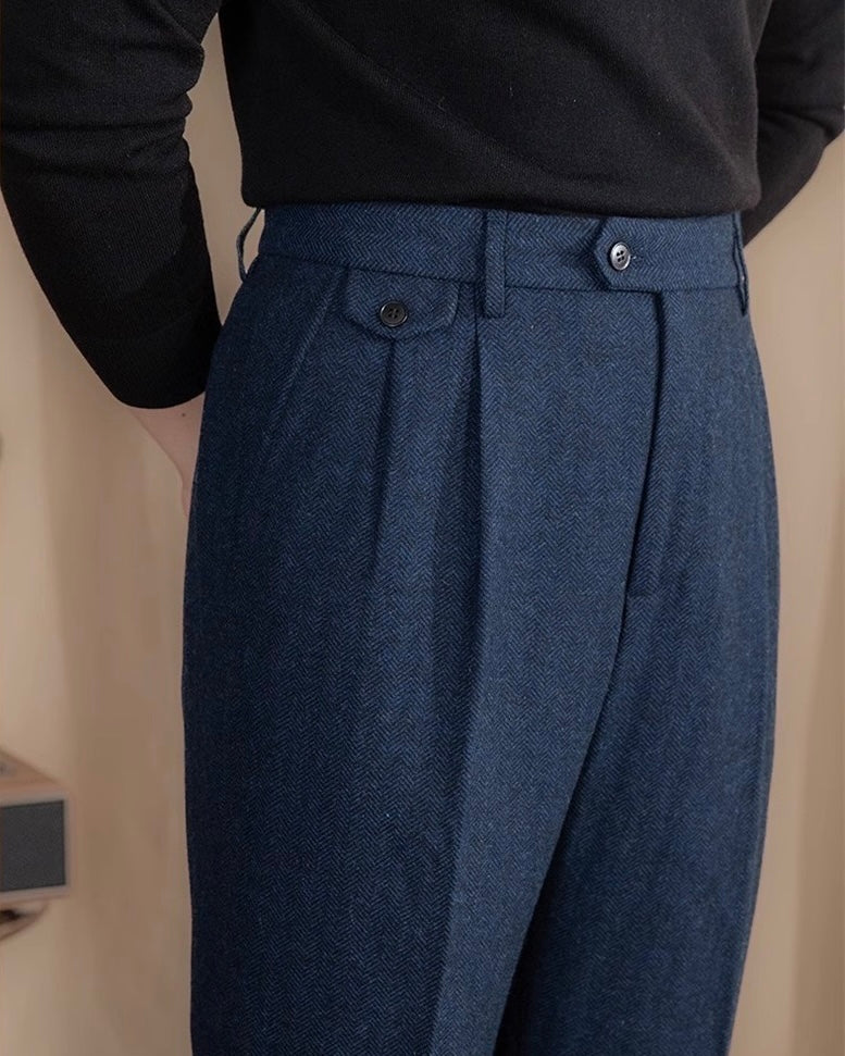 Esma | Men's Wool Trousers | High Waist, Pleated Front | Herringbone