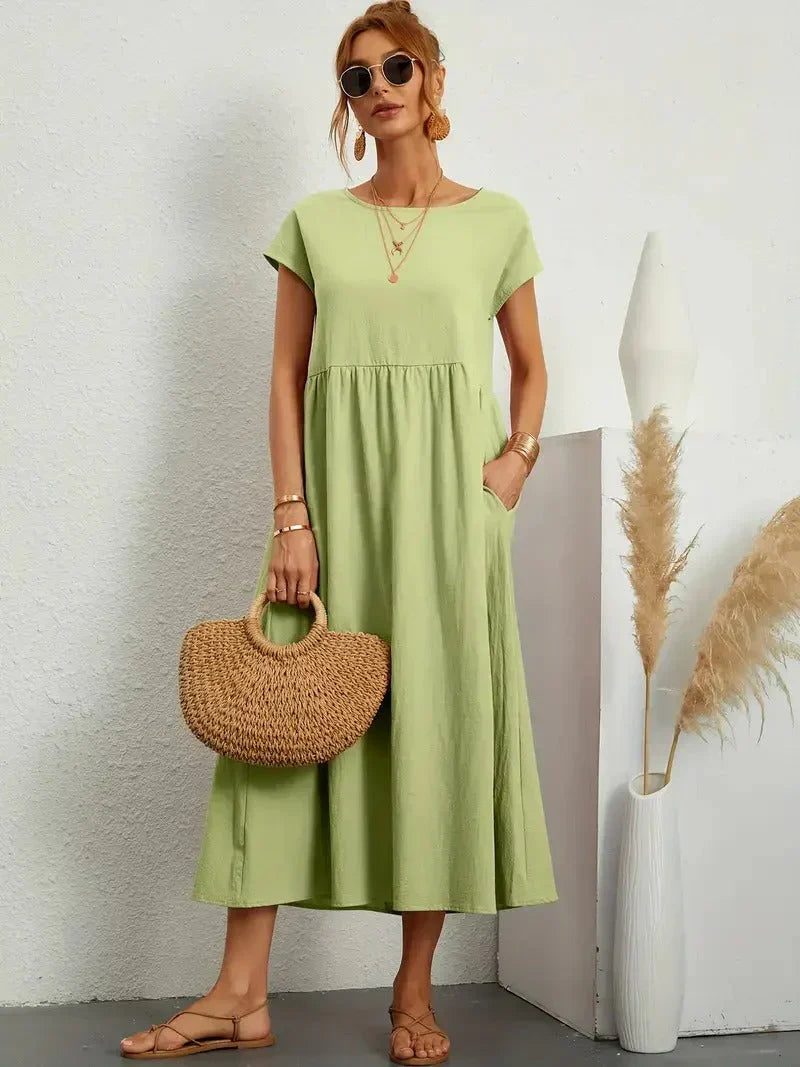 Women Casual Midi Maxi Dress with Pockets Short Sleeve