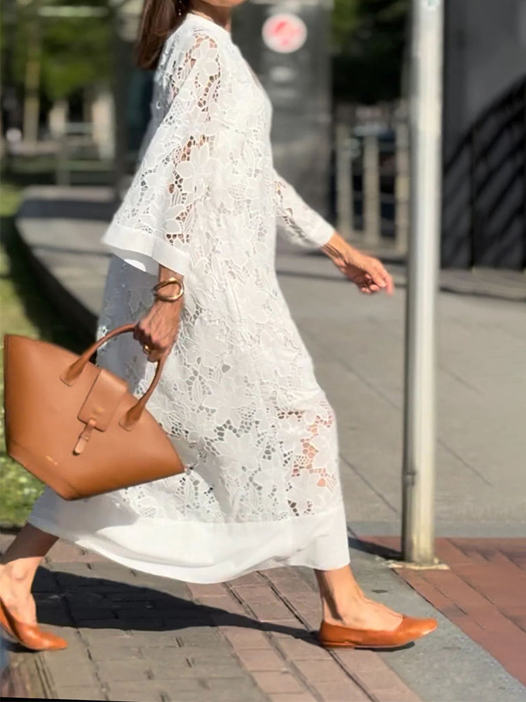 Women Lace Dress V-Neck Embroidery White Floral | Freya