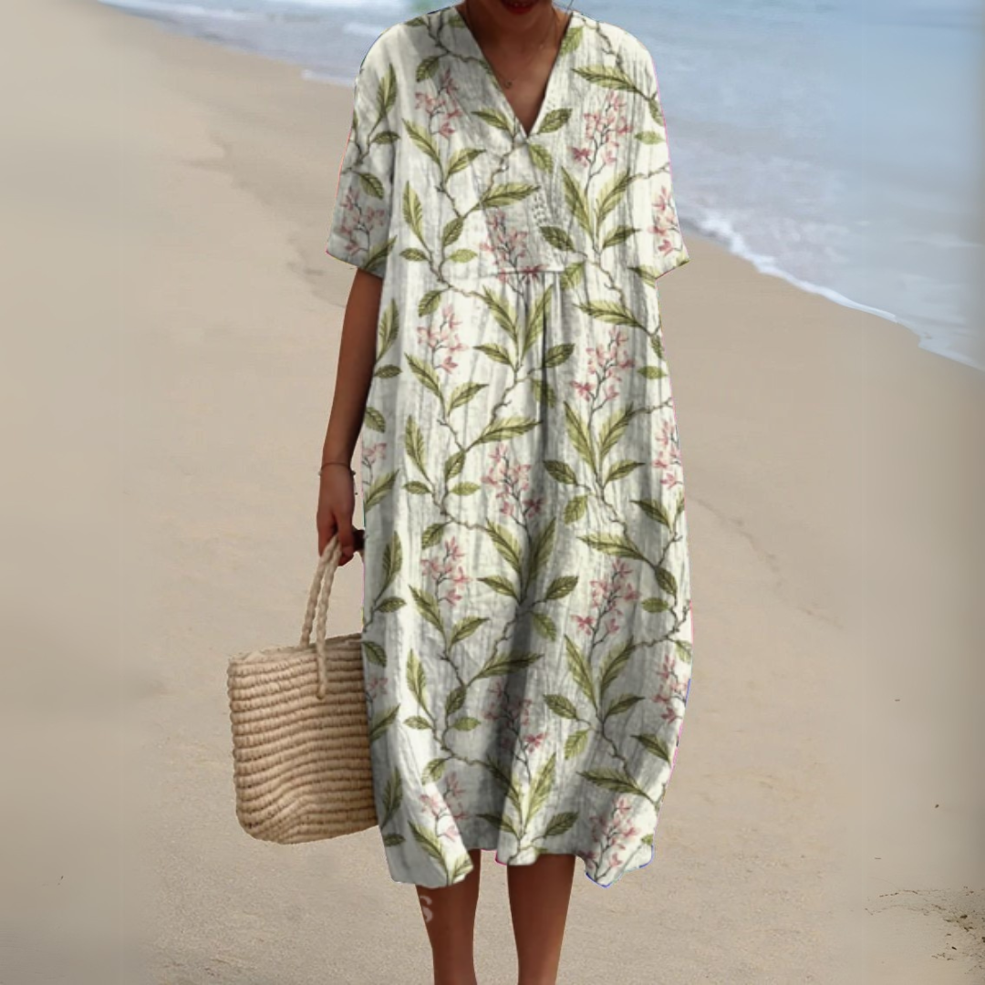 Summer Dress Women V Neck Cotton Linen Blend Floral Print Lightweight