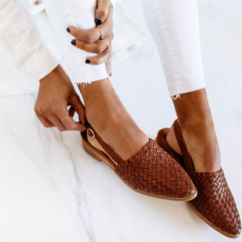 Women's Leather Sandals Handwoven Flat Open Toe Casual