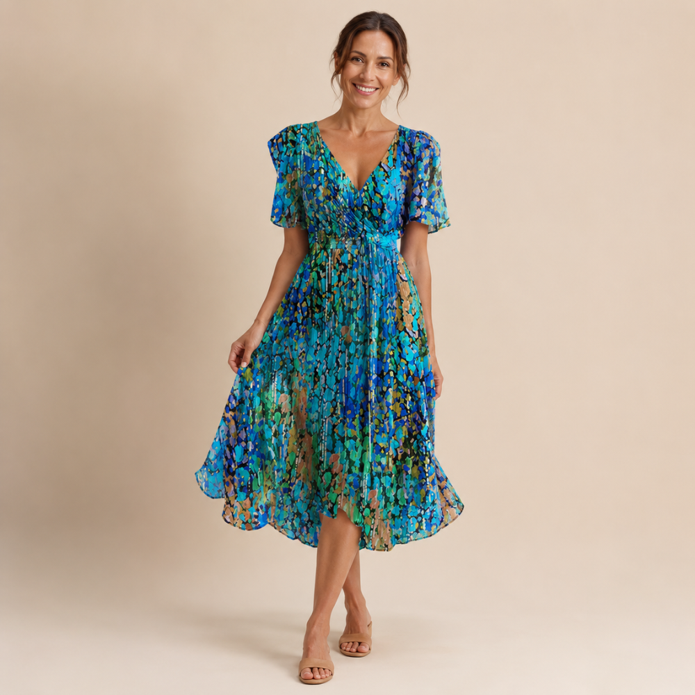 Floral Midi Dress Women Lightweight Stretch V Neck Empire Waist