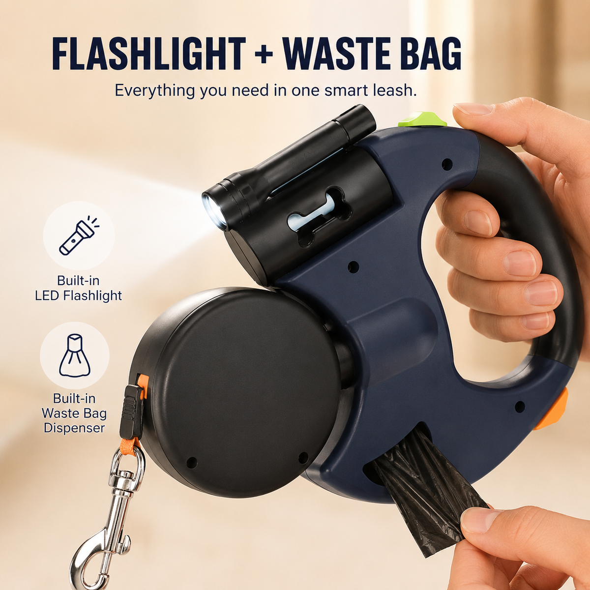 Ottoline | Dual Retractable Dog Leash | Two Dogs, Built-In Flashlight | 10FT
