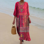 Talia | Women's Maxi Dress | Boho Ethnic Print, Red | Flowy Cotton