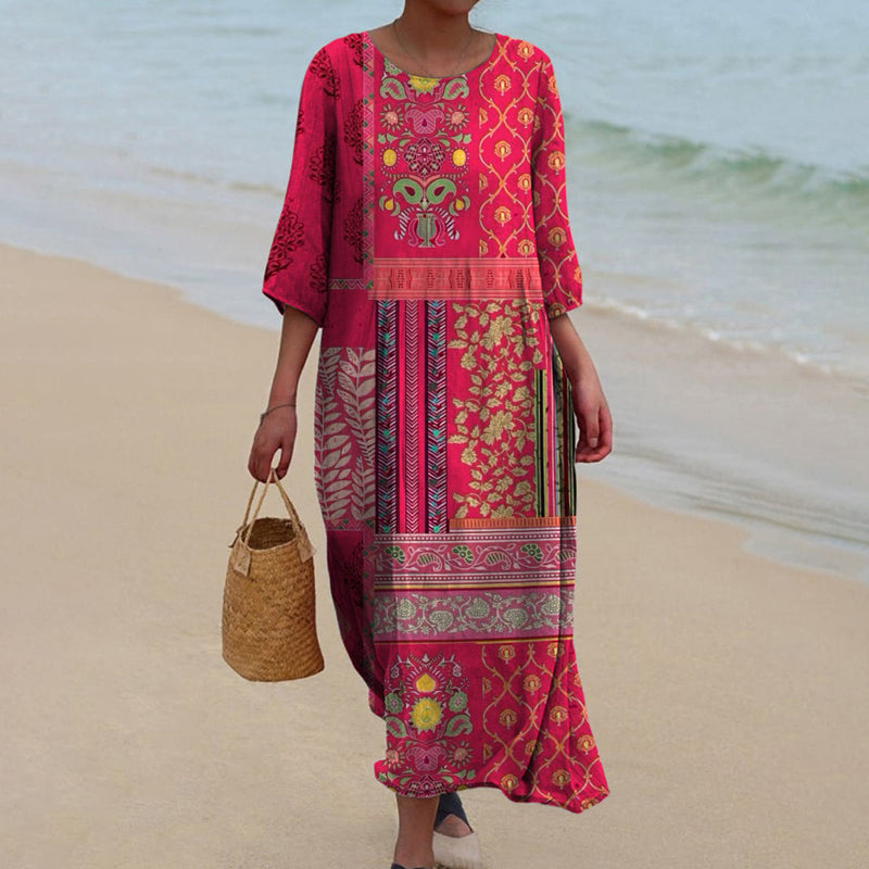 Talia | Women's Maxi Dress | Boho Ethnic Print, Red | Flowy Cotton