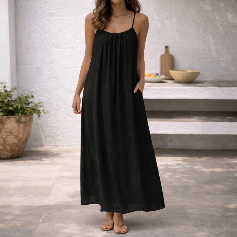 Linen Dress Women Sleeveless Long Maxi Cotton Blend Open Back