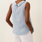 Women Linen Cotton Sleeveless Longline Top Pleated Collar