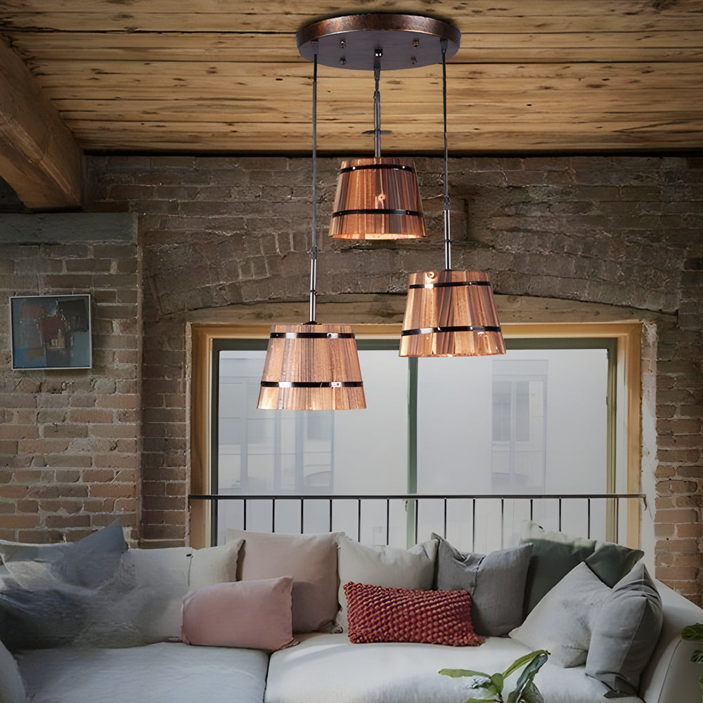 Anouk | Pendant Lamp | Rustic Wooden Bucket Shade, Industrial | 1 or 3 Light