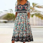 Yara | Women's Midi Dress | Boho Print, Square Neck, Short Sleeve