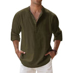 Men Linen Shirt Henley Lightweight Long Sleeve Button Neck Casual