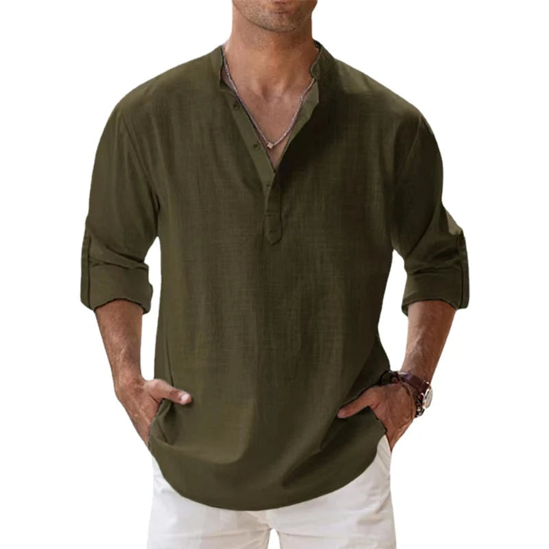 Men Linen Shirt Henley Lightweight Long Sleeve Button Neck Casual