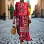 Talia | Women's Maxi Dress | Boho Ethnic Print, Red | Flowy Cotton