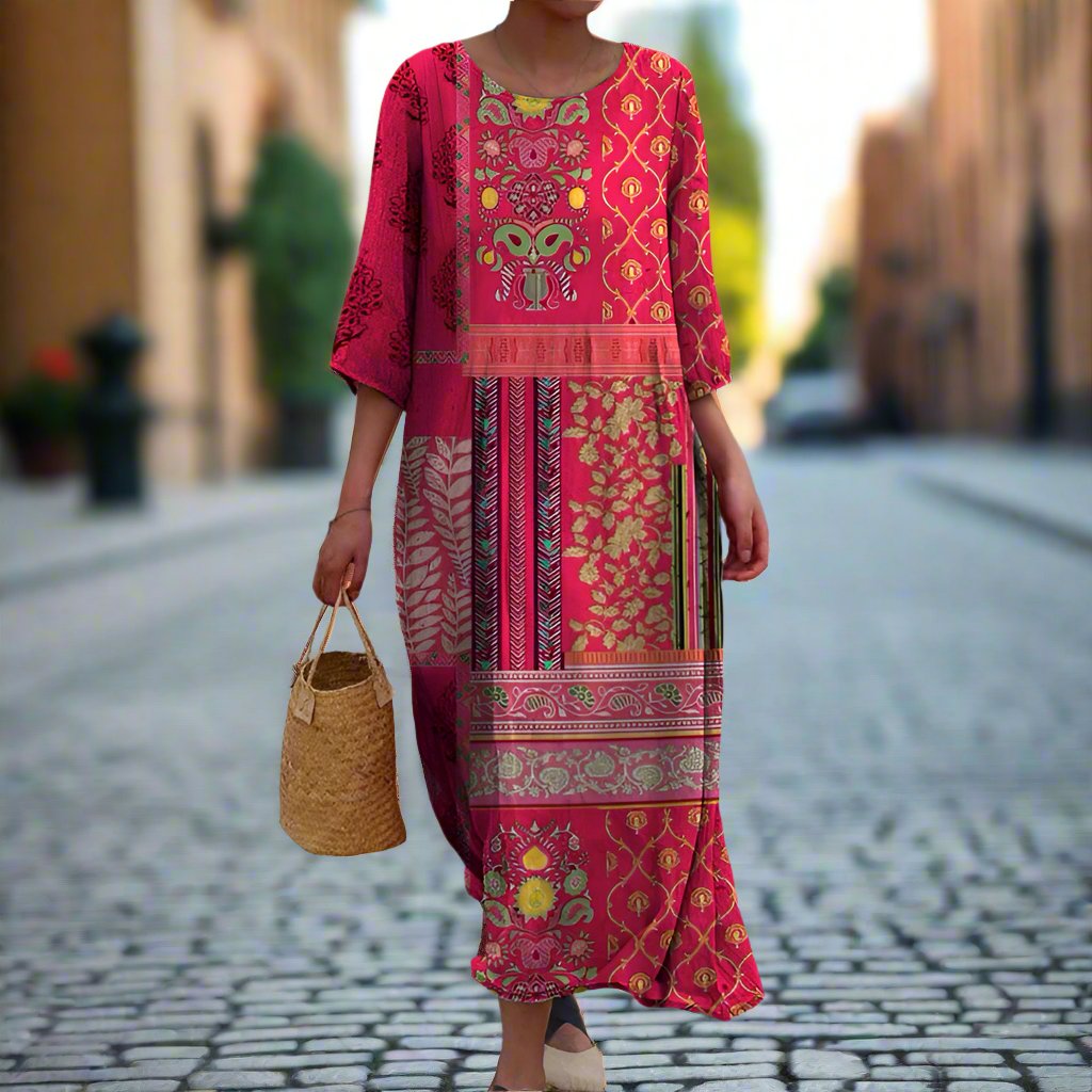 Talia | Women's Maxi Dress | Boho Ethnic Print, Red | Flowy Cotton