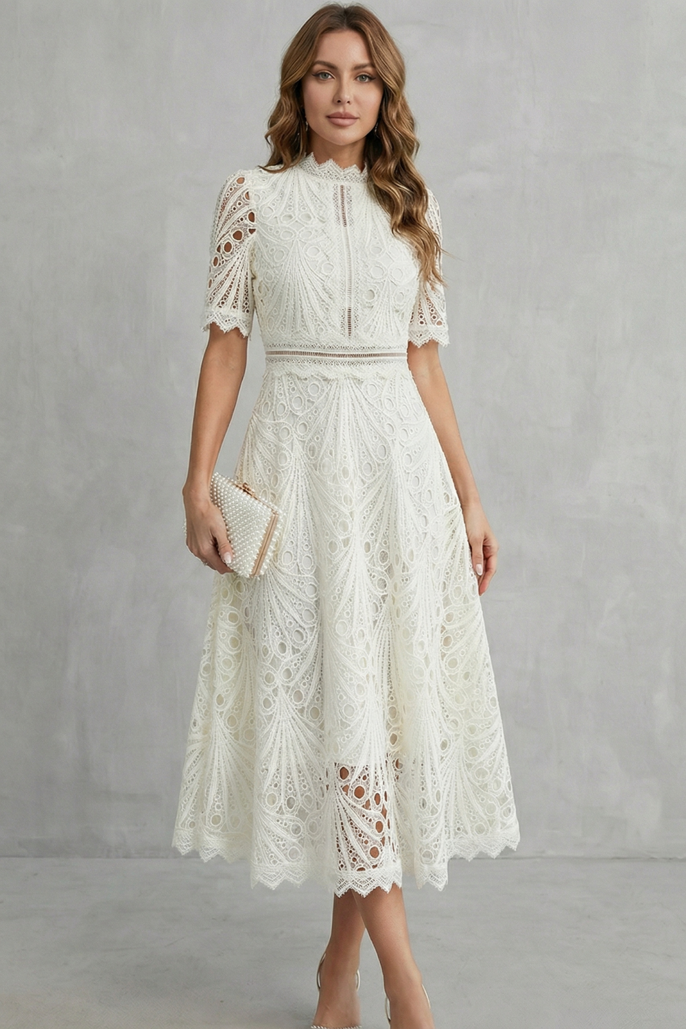 Midi Dress Women Lace Cutwork High Neck Short Sleeve Flared Skirt