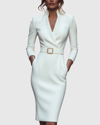 Midi Dress Women Fitted Pencil Wrap Neckline Three Quarter Sleeve
