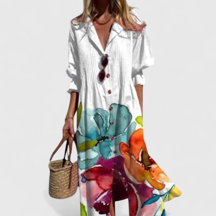 Della | Boho Dress | Women's Floral Midi, Bold Colors | All-Occasion