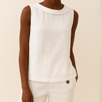 Women Linen Cotton Sleeveless Longline Top Pleated Collar