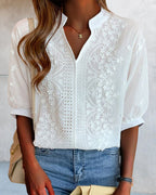 Eira | Women's Blouse | V-Neck, Puff Sleeves | Cotton Mix, Patchwork
