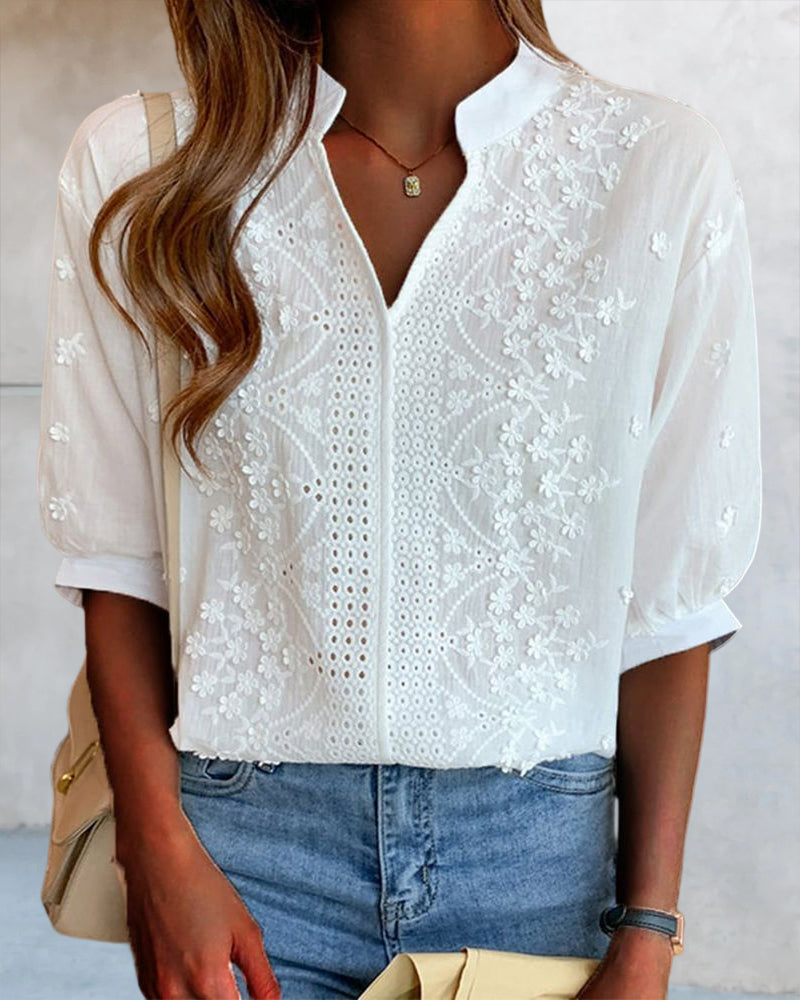 Eira | Women's Blouse | V-Neck, Puff Sleeves | Cotton Mix, Patchwork