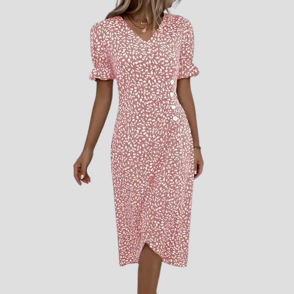 Zinnia | Women's Floral Midi Dress | V-Neck, Puff Sleeves, A-Line | Summer