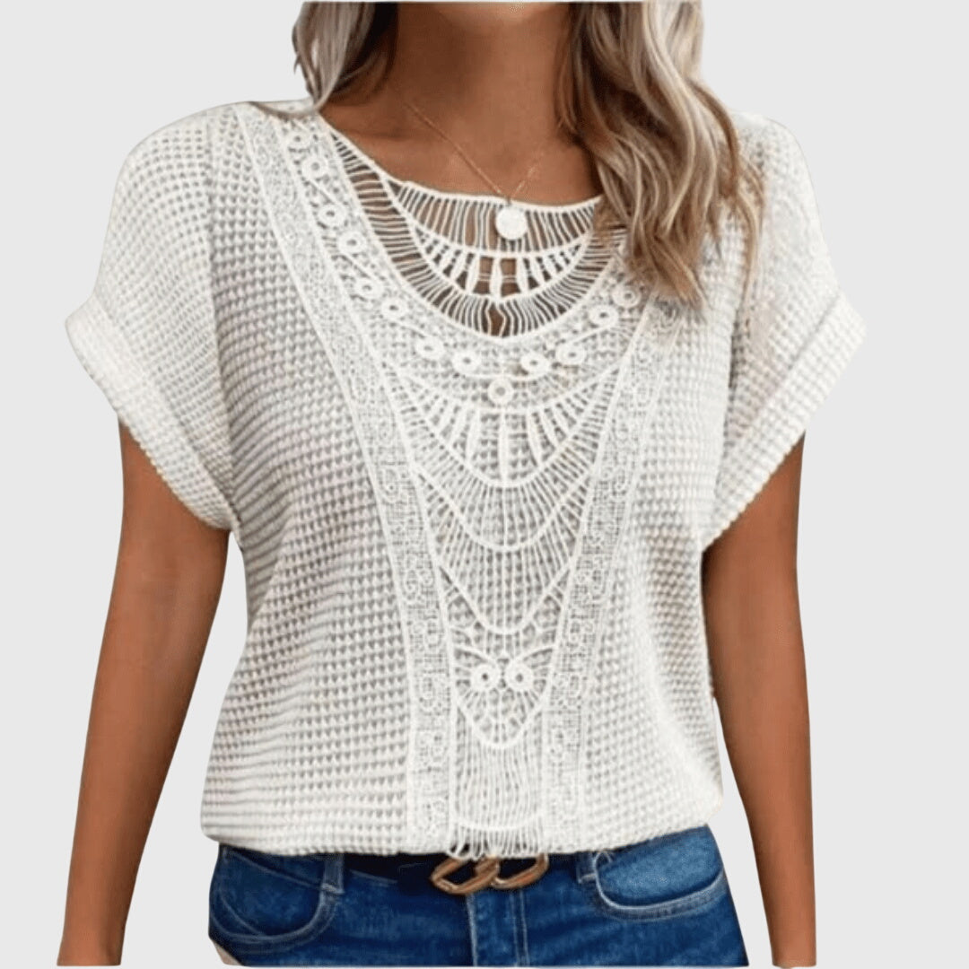 Mila | Women's Openwork Blouse | Short Sleeve, Round Neck | Loose Fit