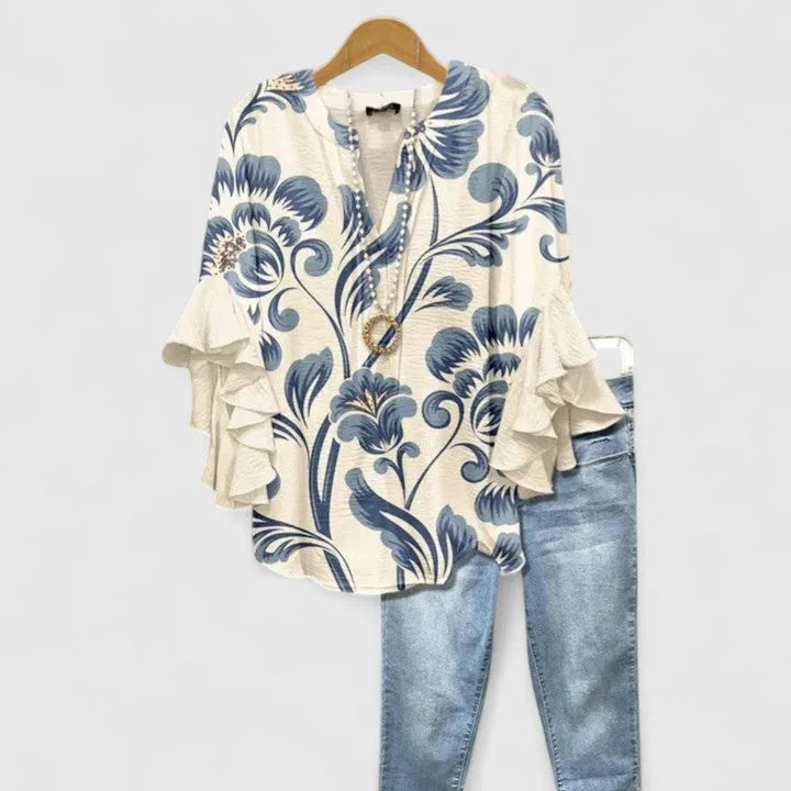 Women Floral Blouse Ruffled Sleeves V Neck