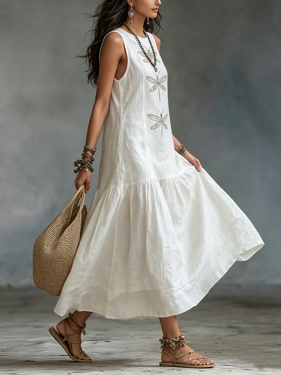 Linen Dress Women Long Cotton Blend Bohemian Dragonfly Embroidered