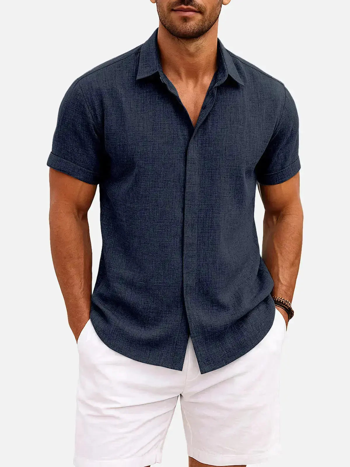 Linen Shirt Men Short Sleeve Button Down Regular Fit Cotton Blend