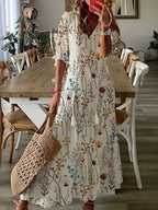 Boho Dress Women Ikat Print Ruffled V Neck Flowy Fit Lightweight