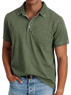 Polo Shirt Men Button Placket Collar Relaxed Fit Lightly Faded