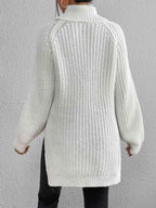 Women Ribbed Knit Turtleneck Sweater Side Slit