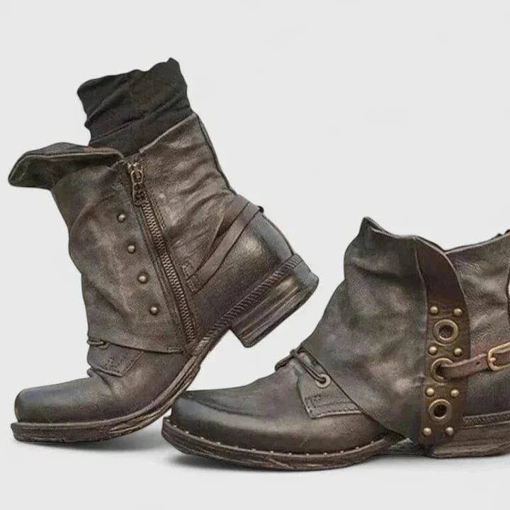 Xanthe | Women's Ankle Boots | Distressed Faux Leather, Buckle Strap | Western Style