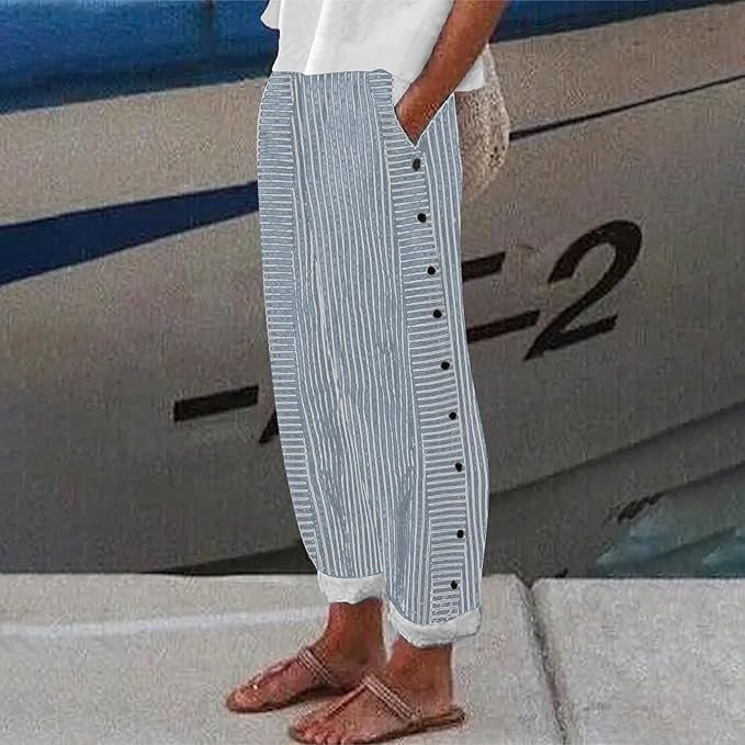 Women Linen Cotton Striped Pants Button Accent