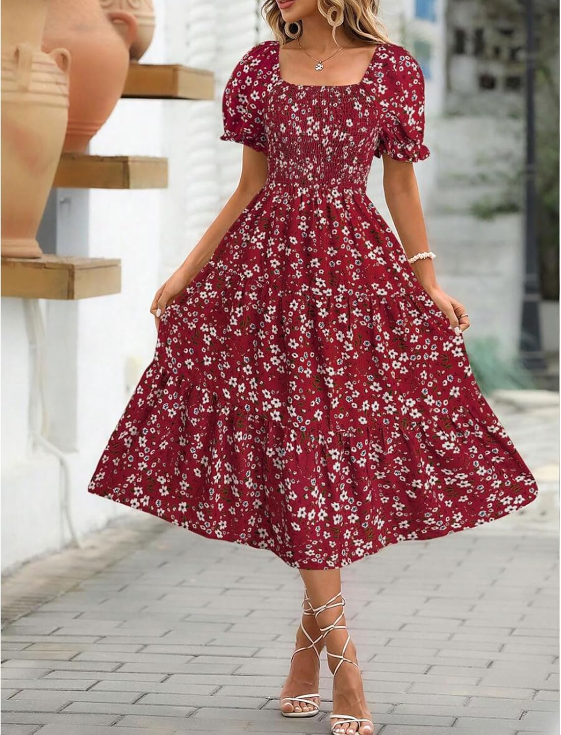 Nina | Women's Mini Dress | Floral, Puff Sleeves, Tied Waist | Summer
