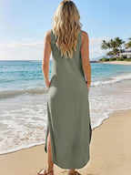 Women Sleeveless Maxi Dress Side Slit with Pockets