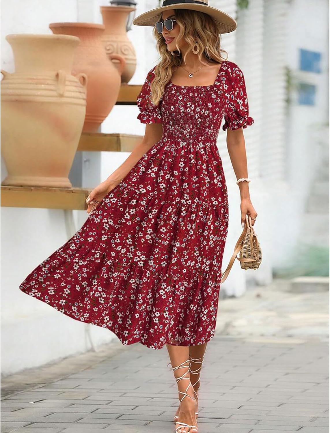 Nina | Women's Mini Dress | Floral, Puff Sleeves, Tied Waist | Summer