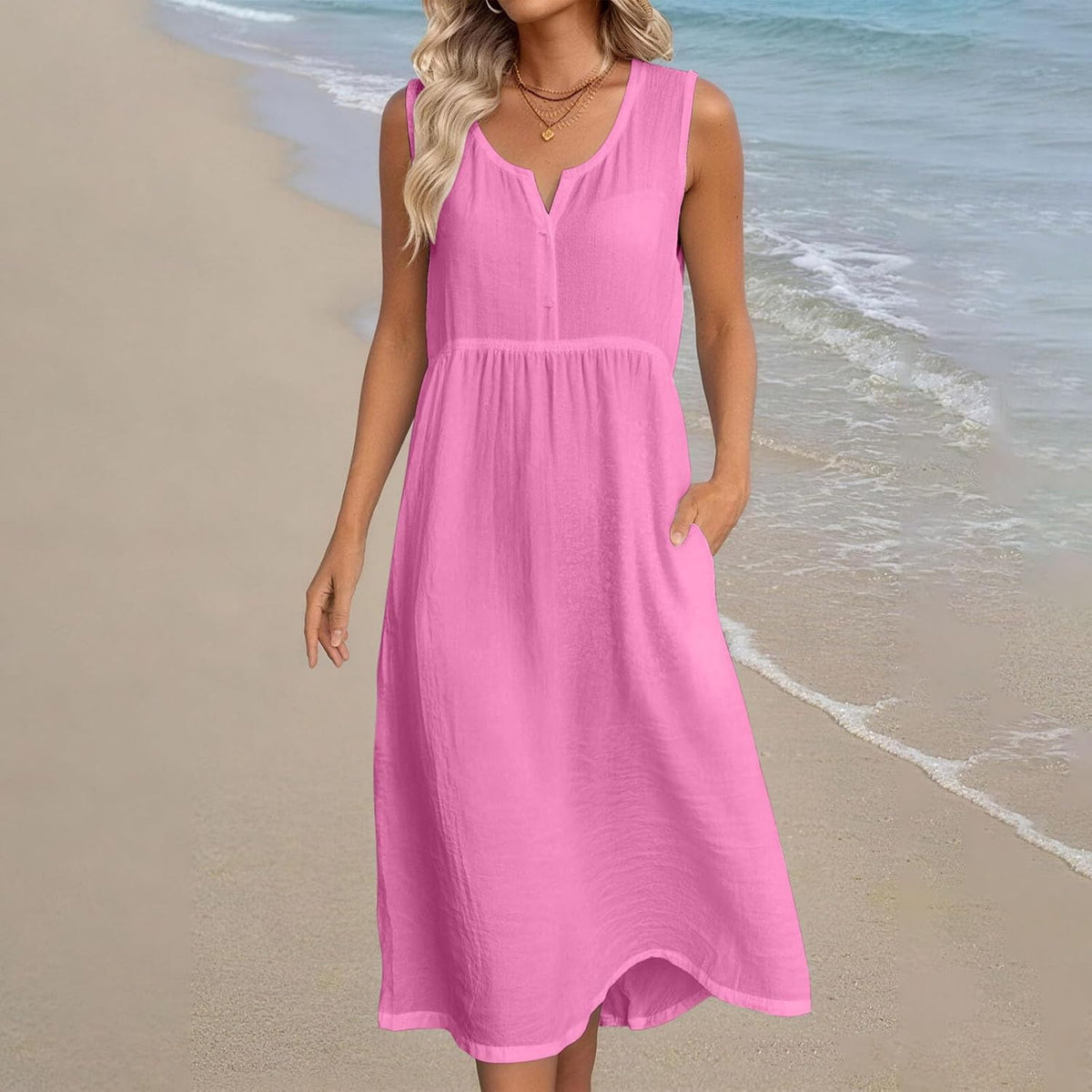 Women Linen Midi Dress V Neck Sleeveless Side Pockets